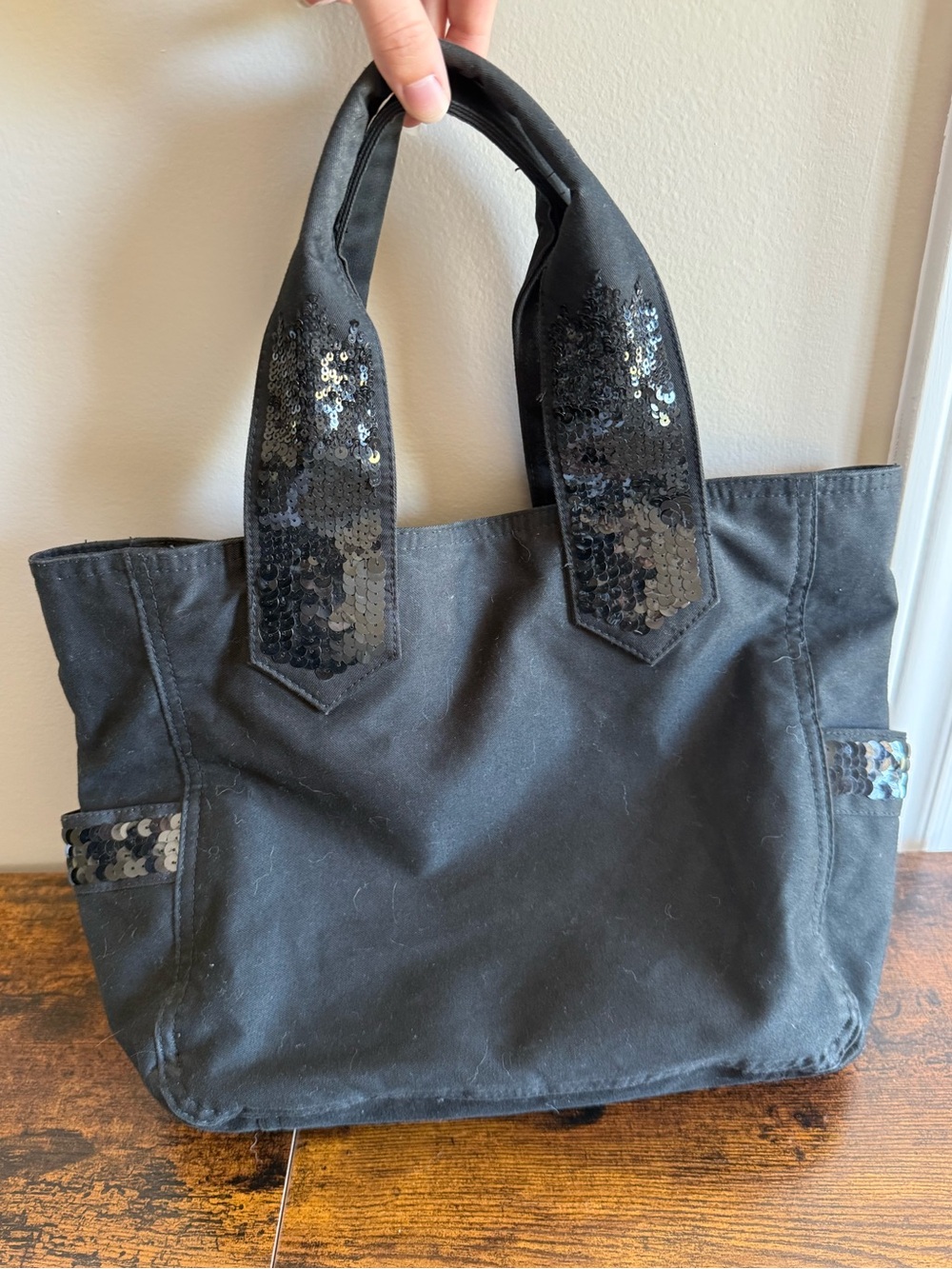 Vintage Y2K GAP Black Canvas Tote Bag with Sequin Handles & Pockets